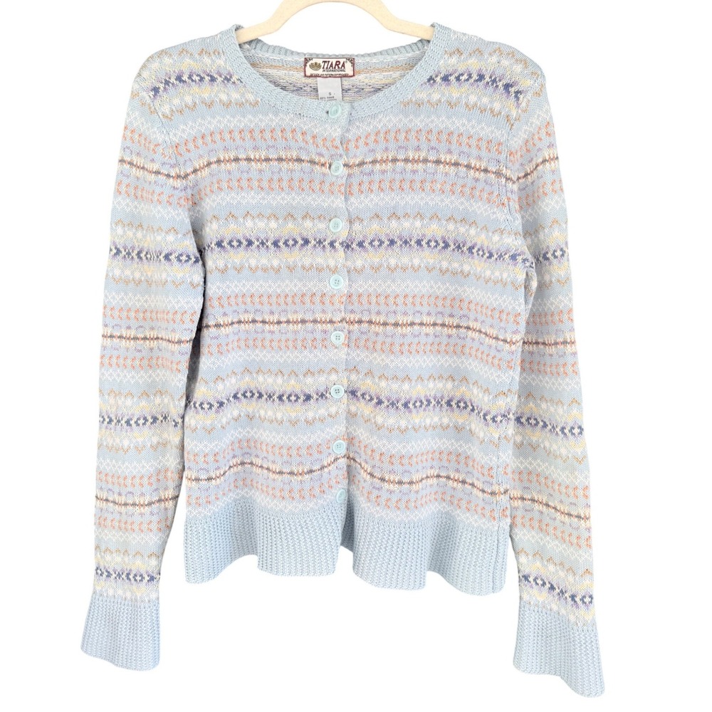 C1 Tiara International Cardigan Pastel Fair Isle Crew Neck Y2K Ramie Cotton Knit